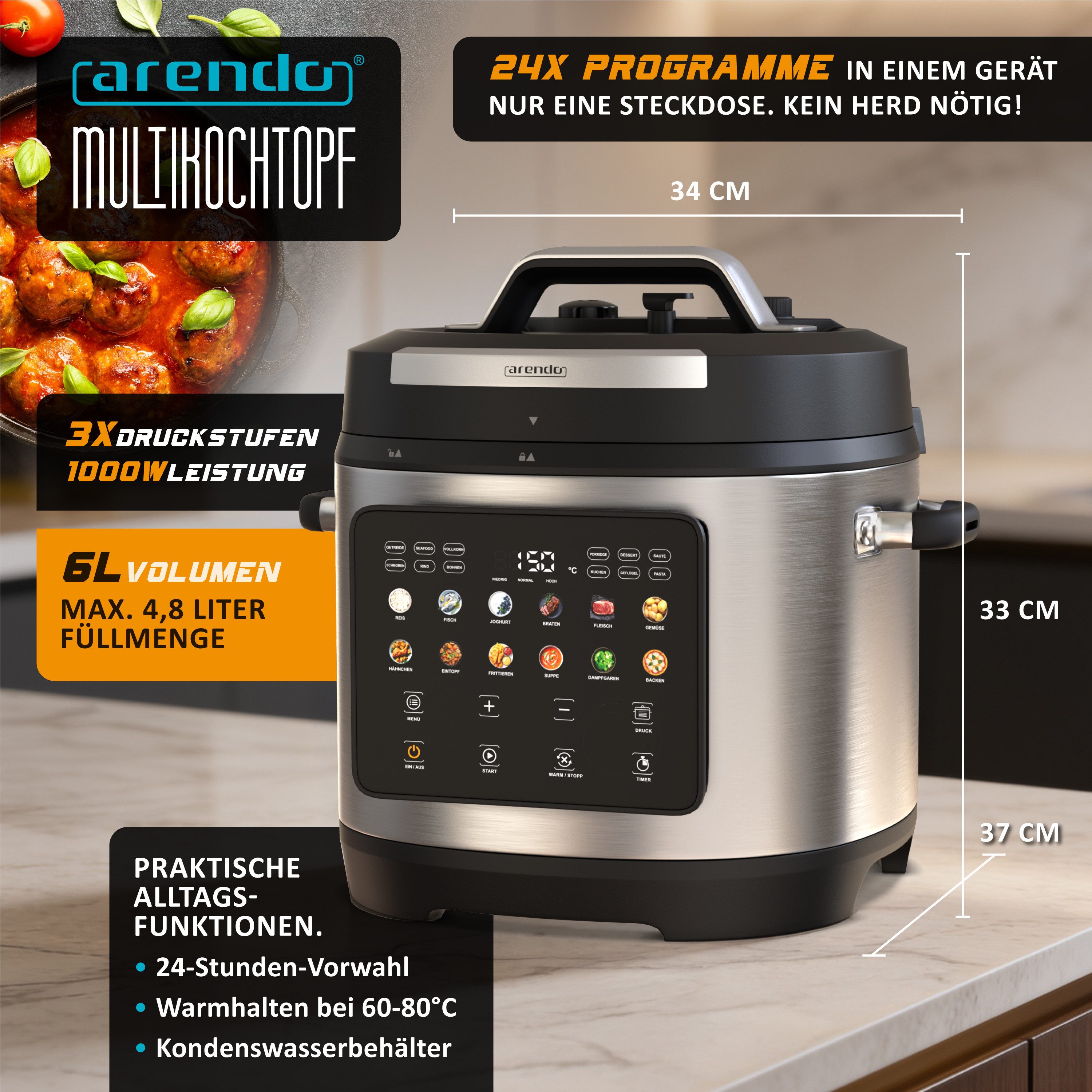 Arendo Multikocher Schnellkochtopf 6 Liter elektrisch, 24 Programme, Touch, 1000 W, 6 l Schüssel, 3 Druckstufen, 24-Stunden-Timer, Warmhaltefunktion und Dämpfei – Bild 2 von 5