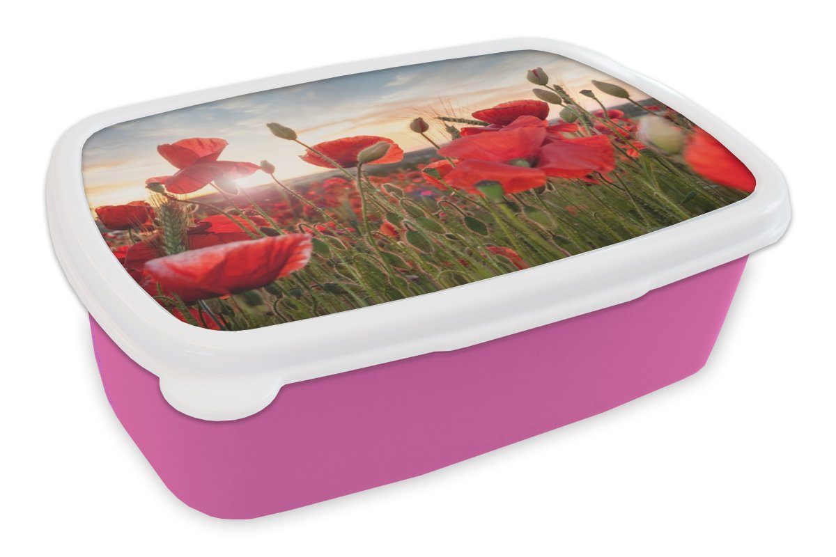 MuchoWow Lunchbox Sonnenuntergang hinter den schönen Mohnblumen, Kunststoff, (2-tlg), Brotbox für Erwachsene, Brotdose Kinder, Snackbox, Mädchen, Kunststoff rosa