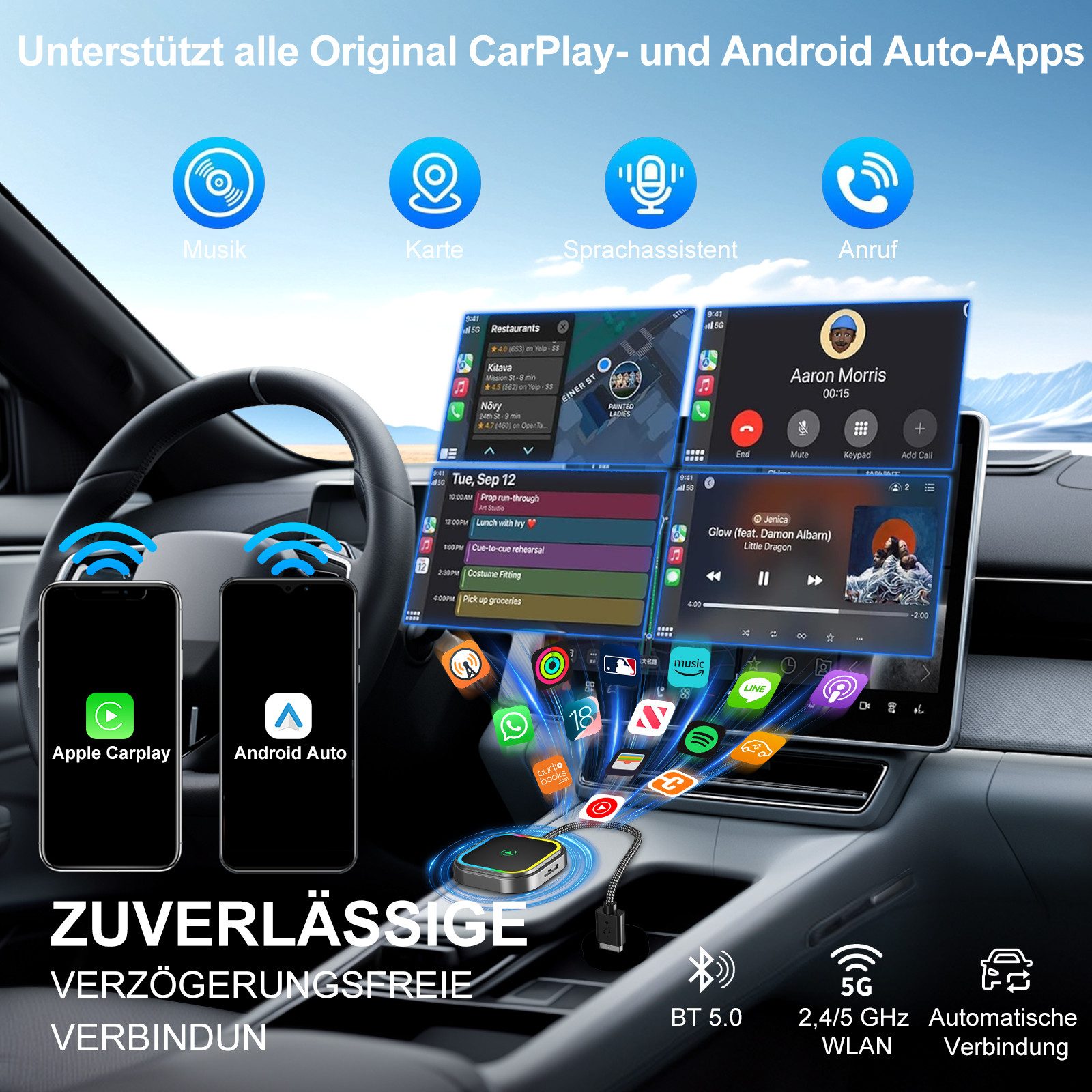 ESSGOO USB Wireless CarPlay Android Auto Adapter Bunte Lichter Plug & Play Adapter USB, Type-C zu USB, Type-C, WIFI Bluetooth 5.2 Sprachsteuerung kompatibel Autos mit Wired CarPlay