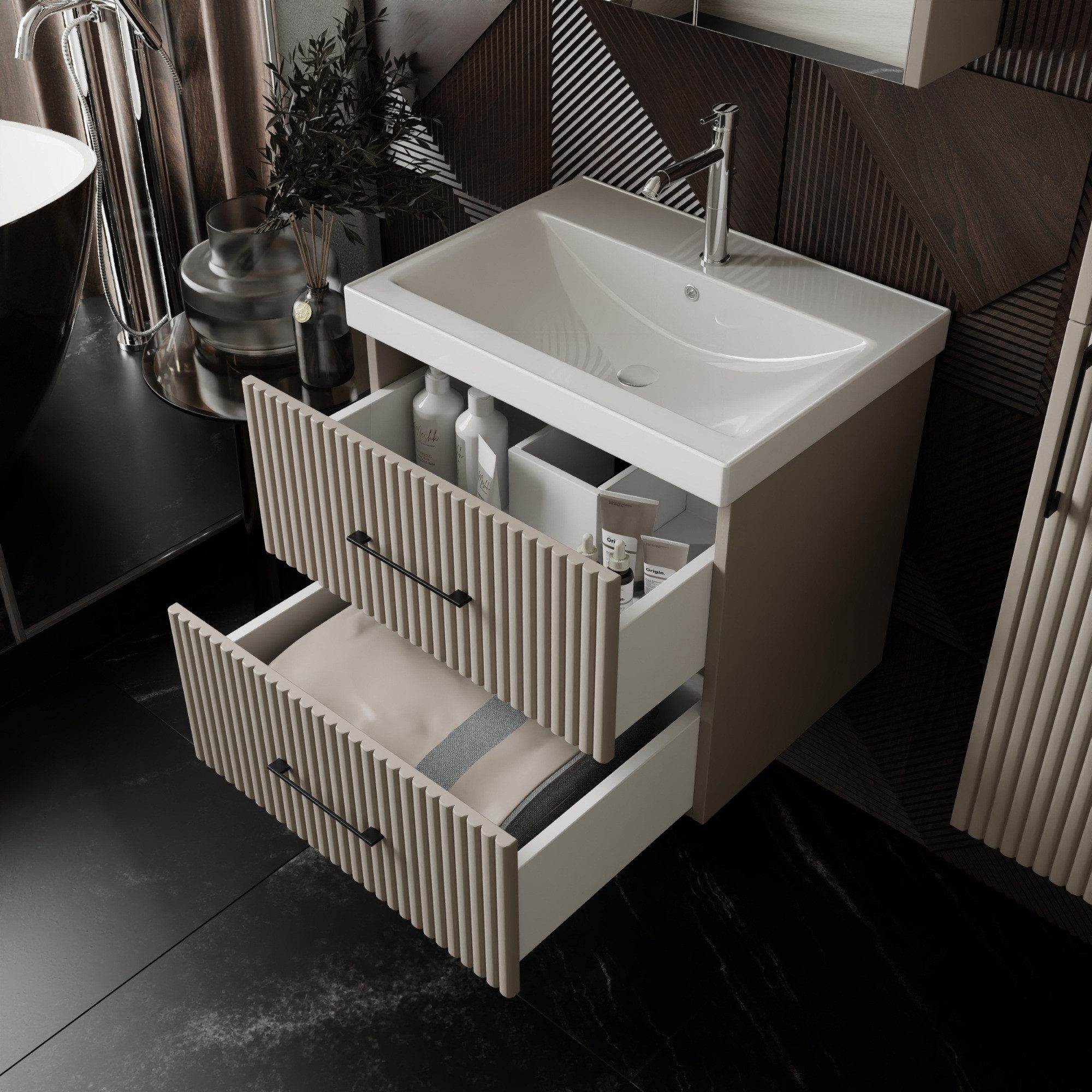 Karen Badmöbel-Set Badmöbel Set Liana, (Komplett-Set, Standartmäßig 3-Teilig (Unterschrank, Spiegelschrank, Waschbecken), 3-St., Der Lieferumfang umfasst Unterschrank, Spiegelschrank und Waschbecken), Pastellfarben, Riffeloptik, Bügelgriffe, Softclose