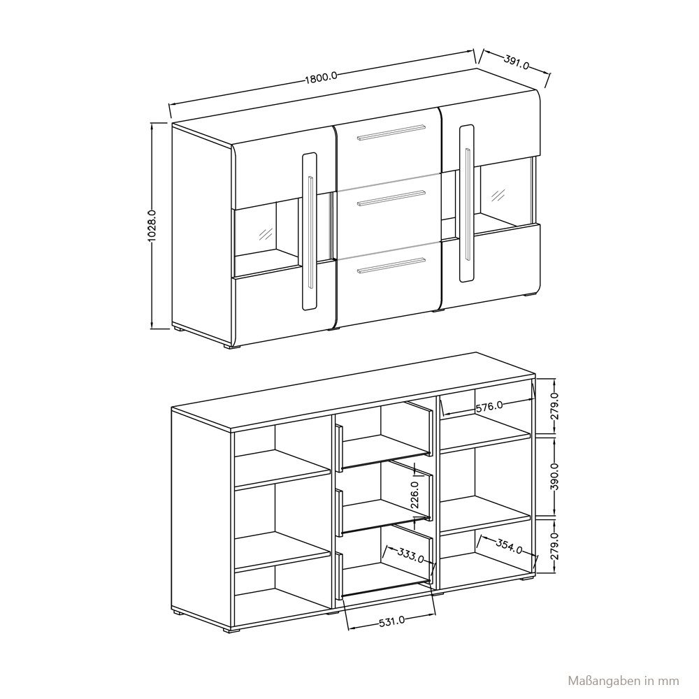 Lomadox Sideboard TURDA-83, Grandson Nb. mit Glas Elementen inkl. LED Beleuchtung 180/103/39 cm