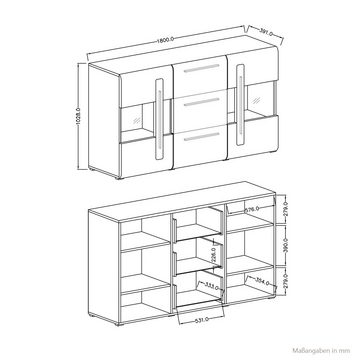 Lomadox Wohnzimmer-Set TURDA-83, (Mega-Spar-Set, 6-St., 6-tlg), weiß mit Absetzungen in schwarz 320/204/50 cm