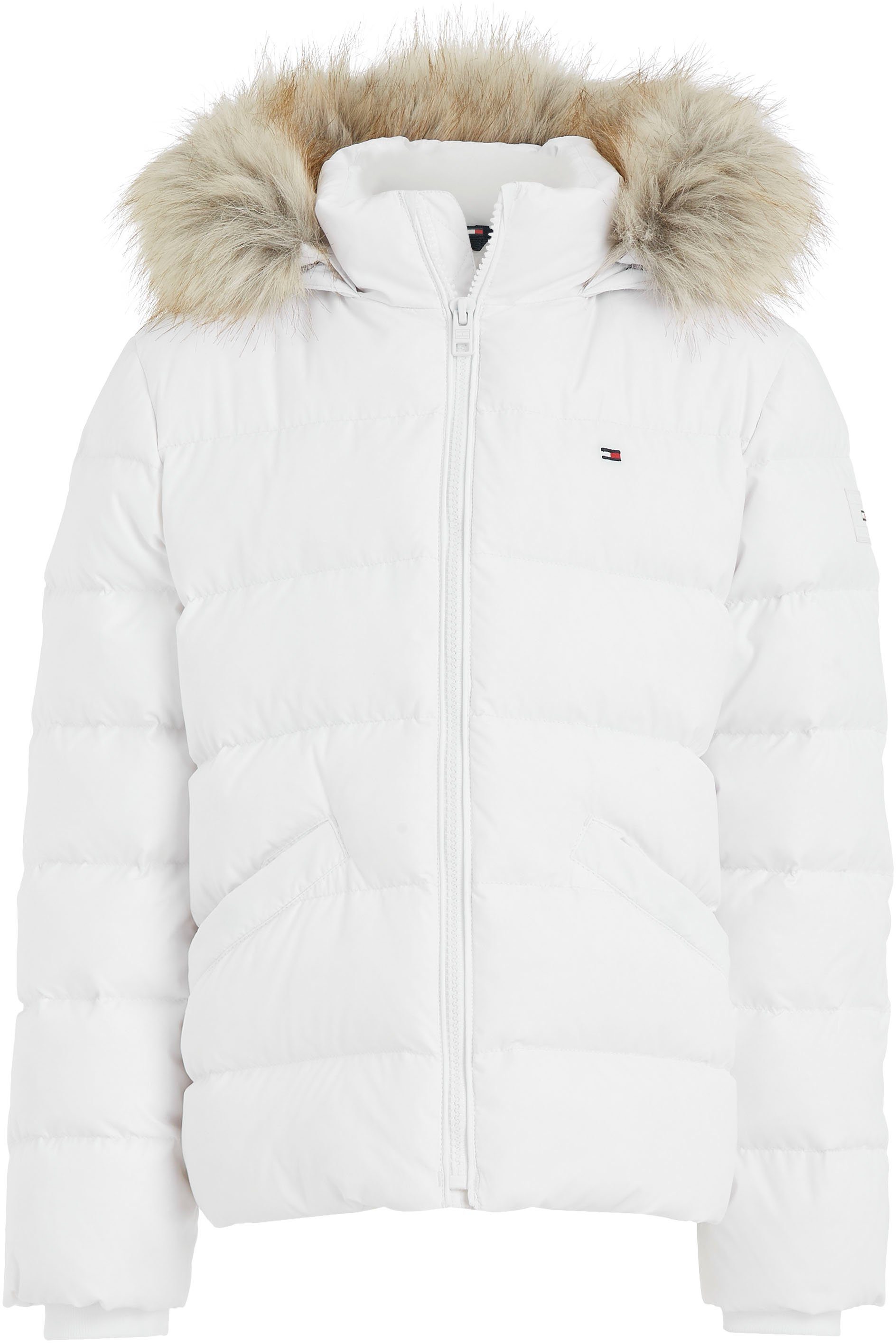 Tommy Hilfiger mit FUR Kapuze Daunenjacke an der DOWN Fellimitat HOOD white JACKET ESSENTIAL