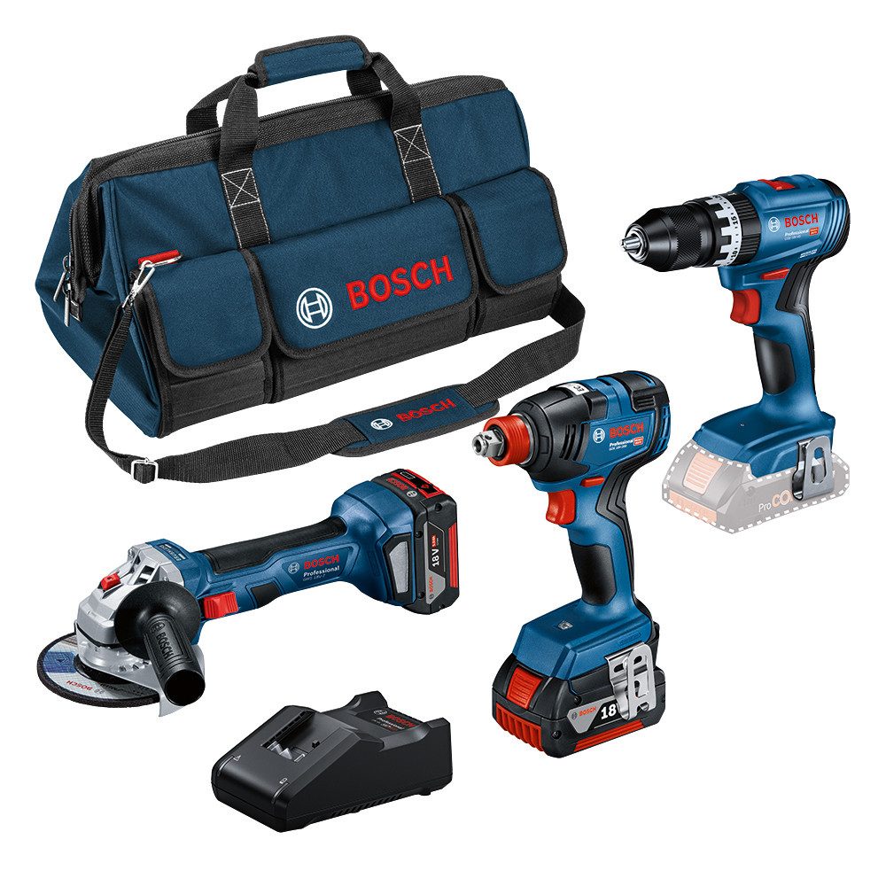 Bosch Professional Elektrowerkzeug-Set 18V Profi-Set, 2x 5 Ah Akkus und Ladegerät, mit 3 18V-Werkzeugen
