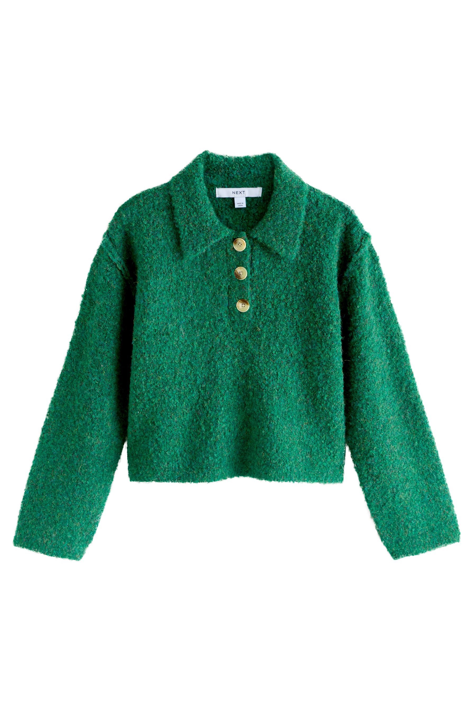 Next Strickpullover Gerippter, langärmeliger Bouclé-Polopullover (1-tlg)
