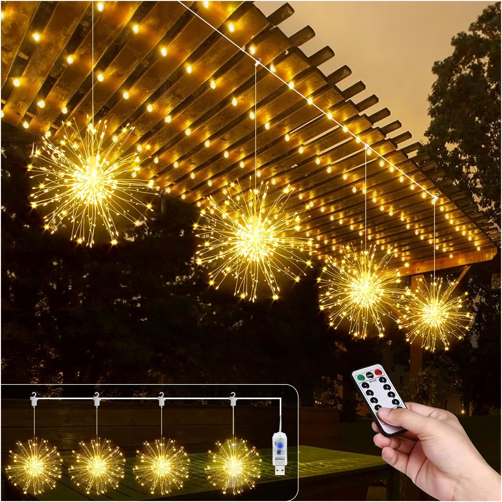 LED-Lichterkette 4 Stück Wasserdicht Feuerwerk Lichterkette, 8 Modi mit Fernbedienung