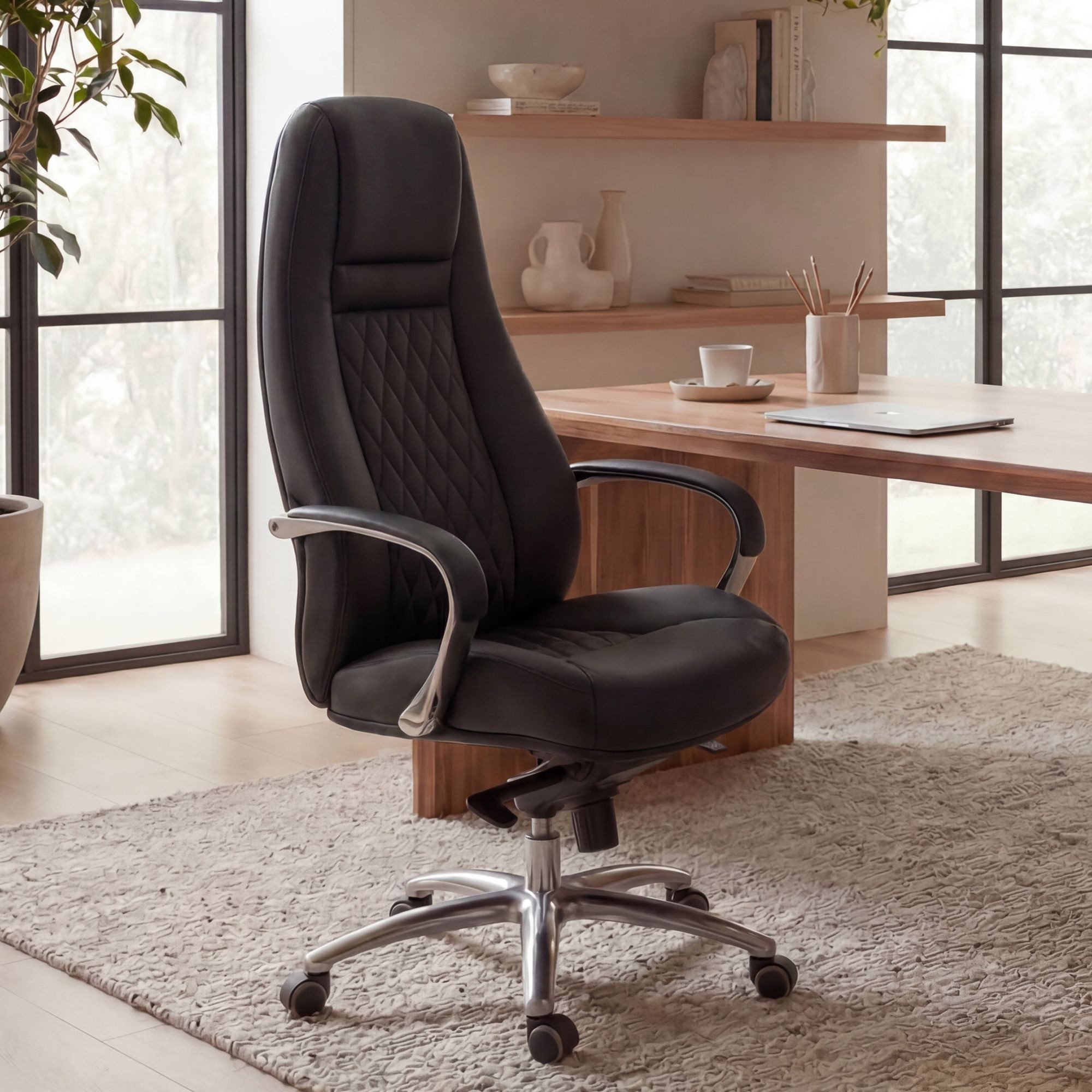 FINEBUY Chefsessel Bürostuhl Echtleder Schreibtischstuhl ergonomisch Drehstuhl (Bürostuhl AUSTIN Echtleder Schwarz 120 kg), Schreibtischstuhl Hohe Rückenlehne mit Kopfstütze