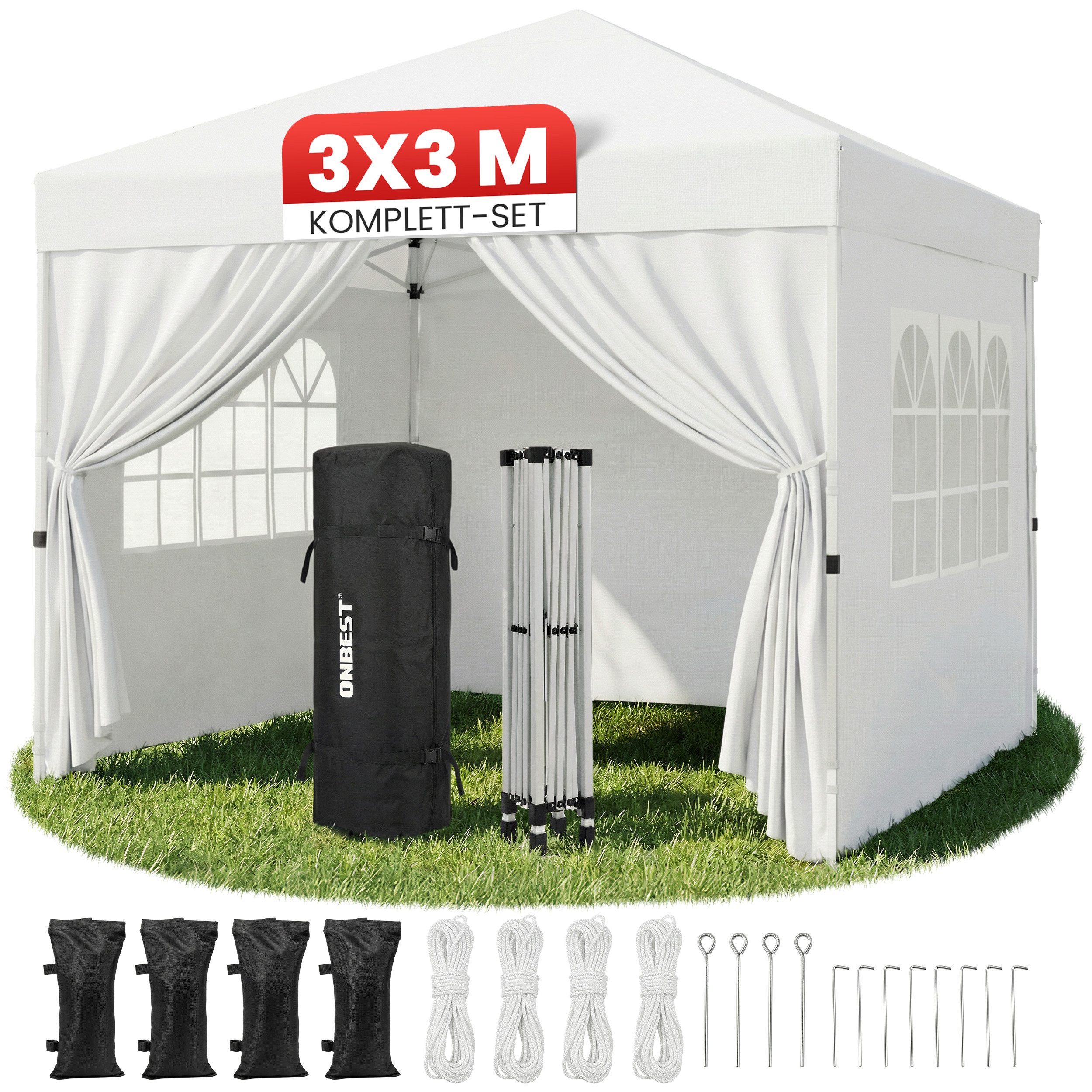 Onbest Pavillon Partyzelt Faltpavillon, patentiertes Quick-Up Aufbau in 1min, 3x3 m, mit 4 Seitenteilen, mit 4x Sandsäcke, 100% Wasserdicht, UV50+, mit Trolley