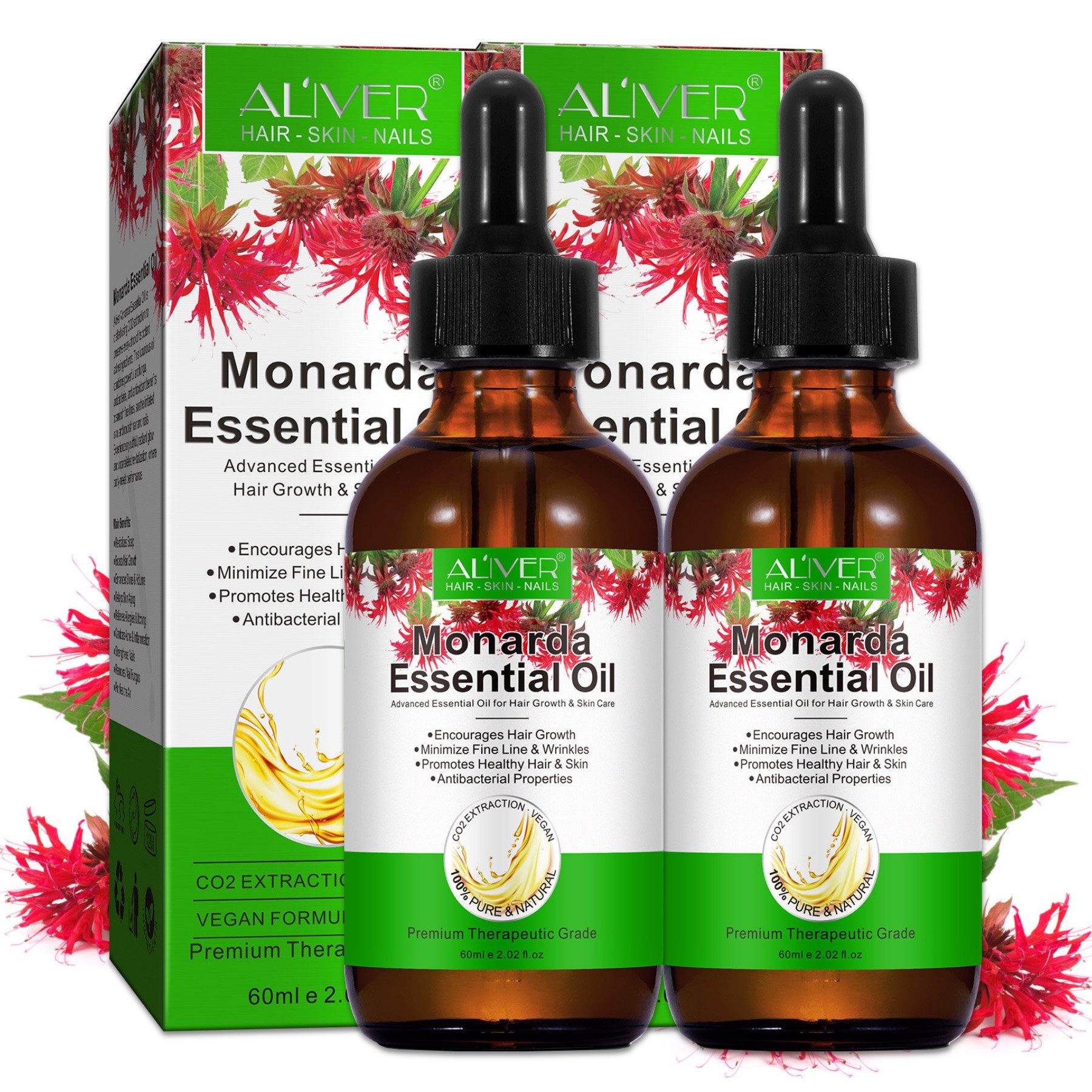 ALIVER Haaröl Monardaöl Wilde Bergamotte Monarda Bienenbalsam Ätherisches Hautöl, 2-tlg., Haaröl, Augenbrauen, Wimpern,Gesicht