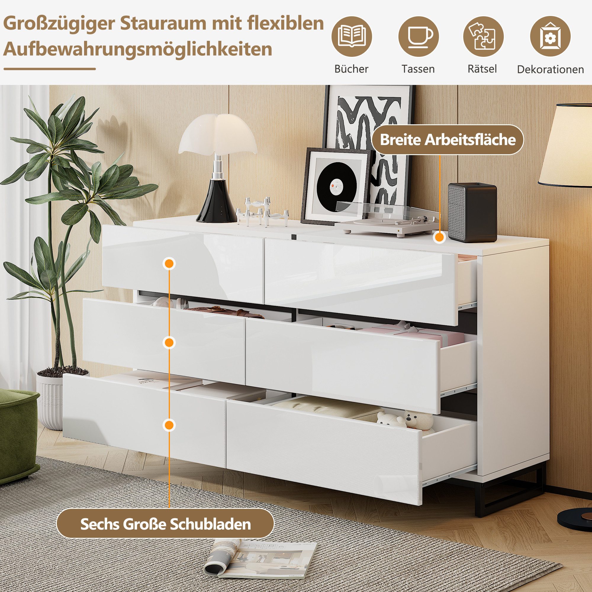 Merax Sideboard hochglanz Wohnzimmerschrank in Weiß-Schwarz (1 St., Anrichte Buffetschrank), Kommode mit 6 Schubladen, Metallbeine & Stauraum, 140x39,5x78,5cm – Bild 5 von 5