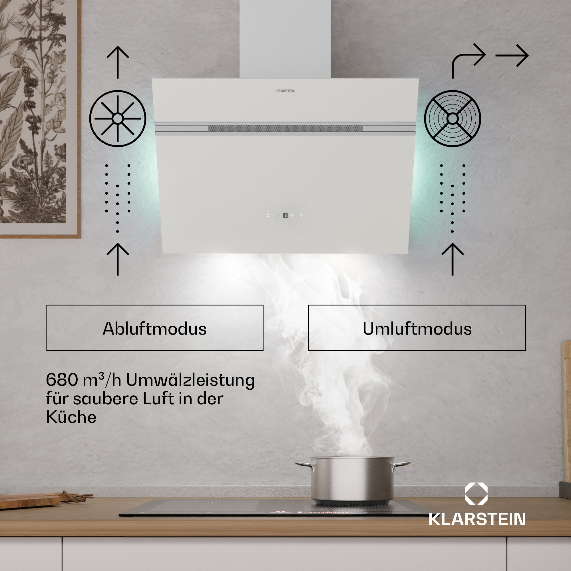 Klarstein Deckenhaube Alina Alina, Dunstabzugshaube Abzughaube Abluft Umluft kopffrei LED Touch