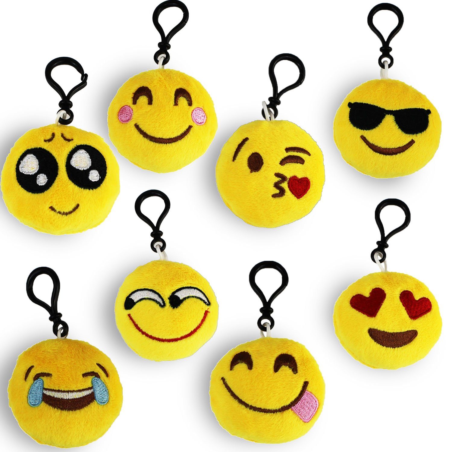 Emoticon-Anhänger flauschig, soft mit reißfestem wortek (Set, Karabinderhaken und 8-tlg), Schlüsselanhänger