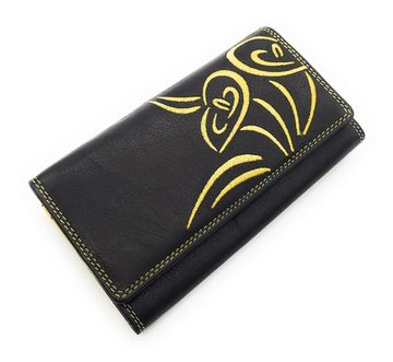 JOCKEY CLUB Geldbörse echt Leder Damen Portemonnaie mit RFID Schutz "CALLA", olle Blütenstickerei, schwarz gelb