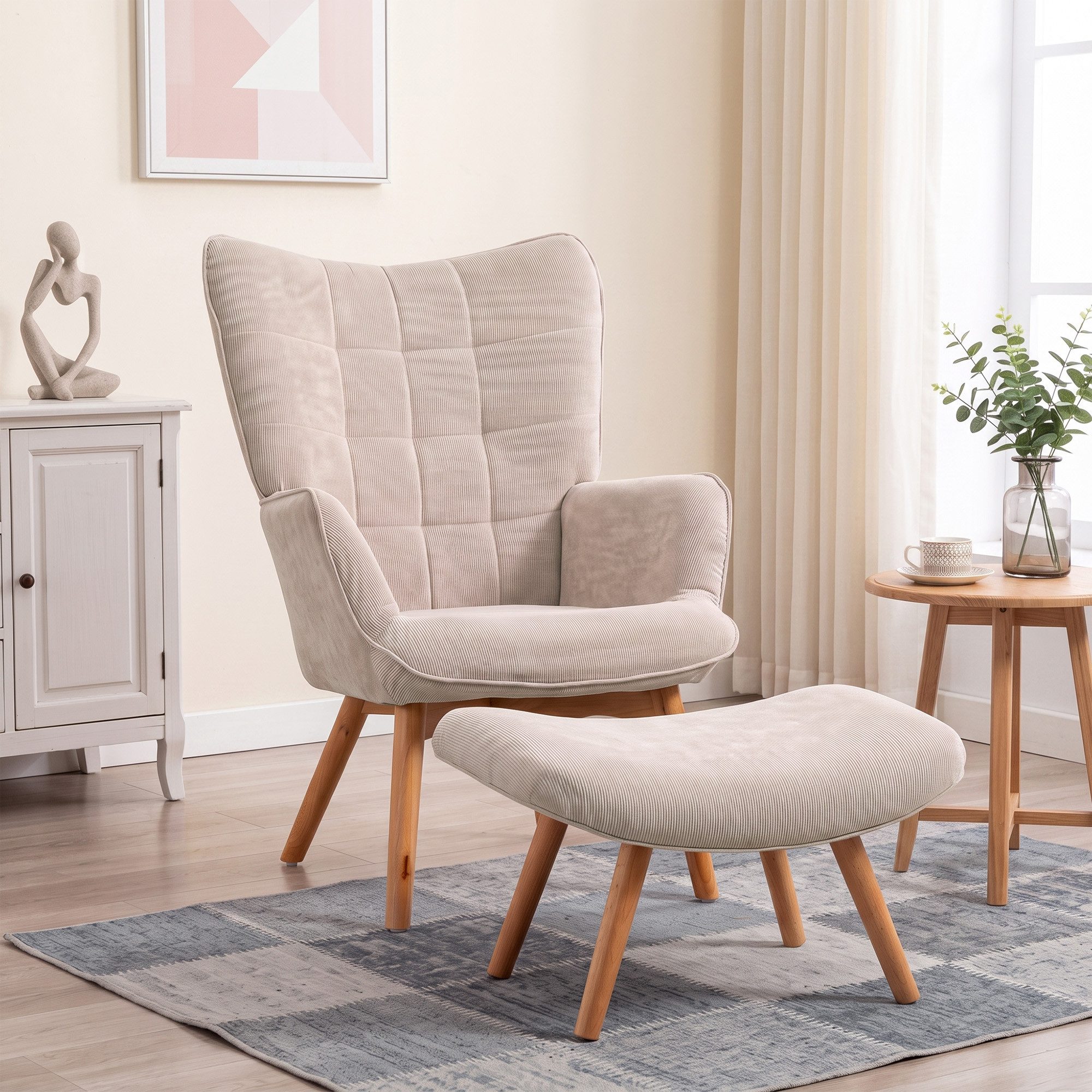 HOMCOM Relaxsessel Ohrensessel, Modern Armlehnensessel, Lesesessel, Schlafzimmer (Sessel mit Hocker, 2-St., Loungesessel), mit getuftetem Design, Cord-Optik, für Wohnzimmer, Beige