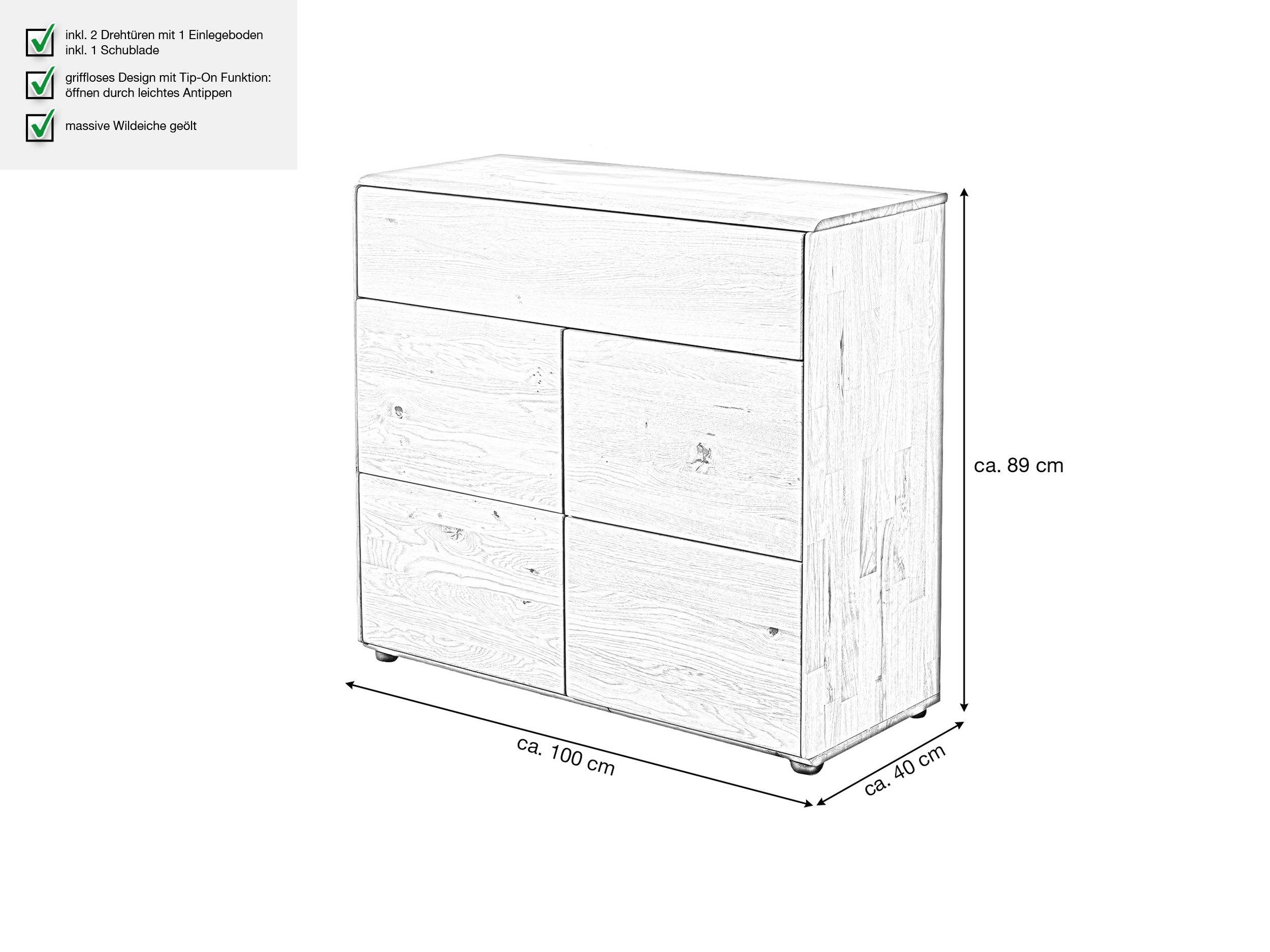 Massivart® Kommode 100 cm Breite 1 Schublade Wildeiche massiv geölt »SKOV«, Massivholz · 2 Drehtüren · 1 Einlegeboden · viel Stauraum – Bild 5 von 5