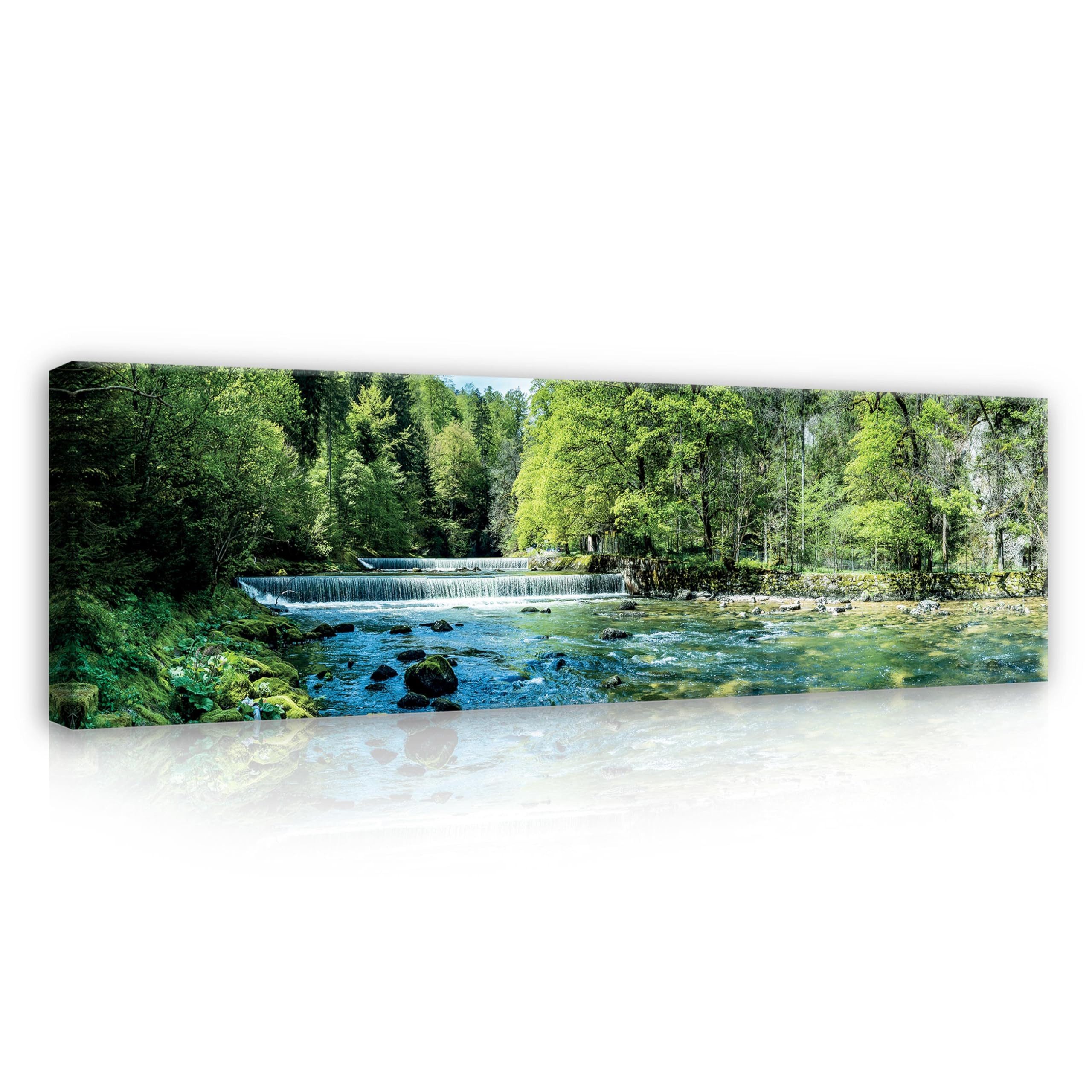 Wallarena Leinwandbild Wasserfall mit Fluss und Bäumen in Grün für Wohnzimmer, Wasserfall (1 St), mit Holzrahmen wandfertig montiert mit …