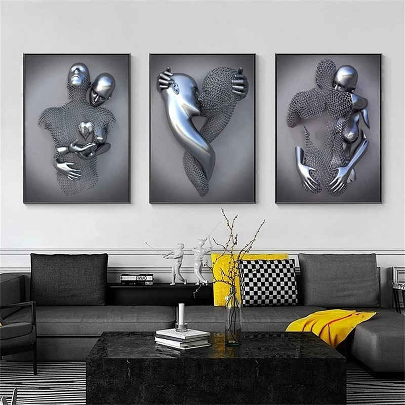Leway Wandbild »3er Kunst Modern Poster Set - 3D Metallfigur Statue Kunst Liebe Herz Kuss Bilder Wandkunst Deko - Ohne Rahmen - Wanddeko Wand Wohnzimmer Wanddekoration Deko«