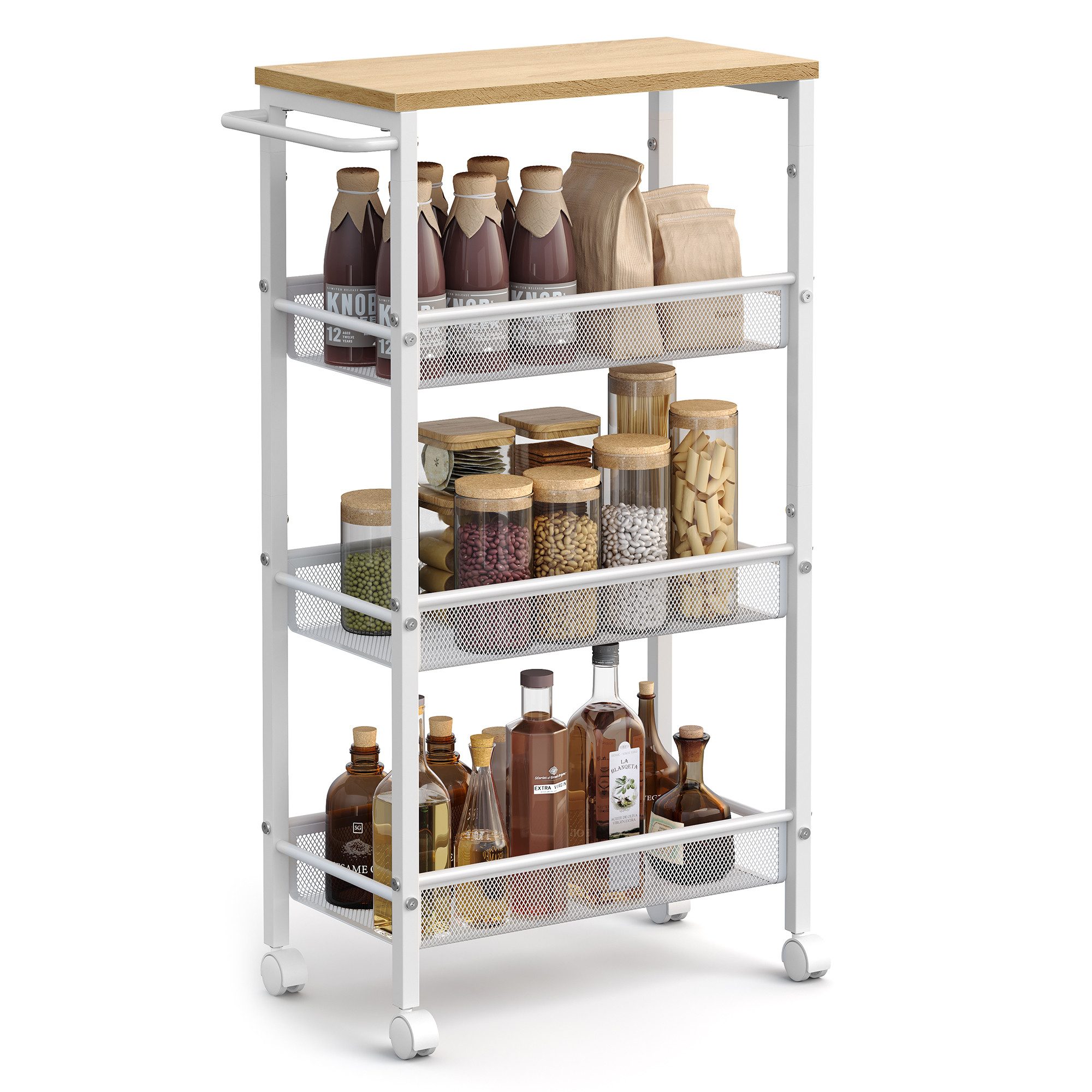 VASAGLE Beistellwagen Küchenwagen schmal, für kleine Räume, Küche, Wohnzimmer, Arbeitszimmer, 4 Ebenen, Nischenregal auf Rollen, Stahl, Griff, 22 x 45,4 x 77 cm