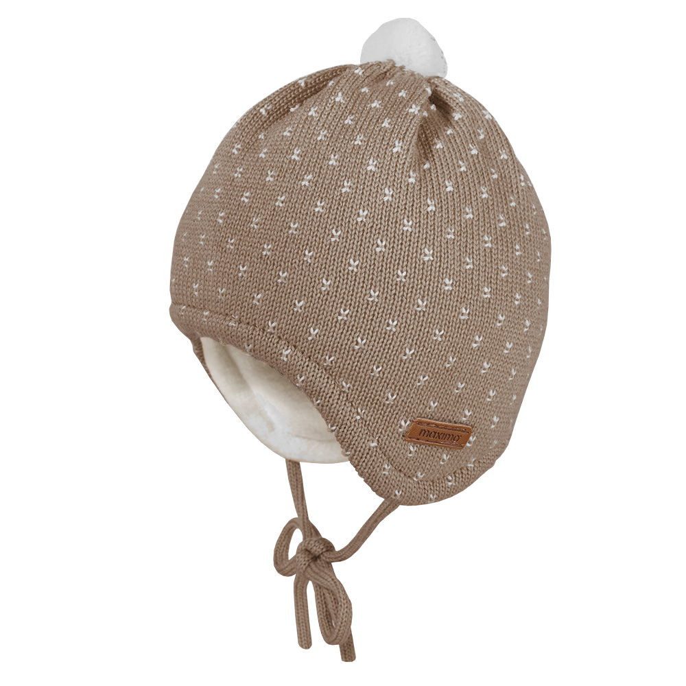 Strickmütze BABY-Mütze, Pünktchen Minipompon, Teddyfutter