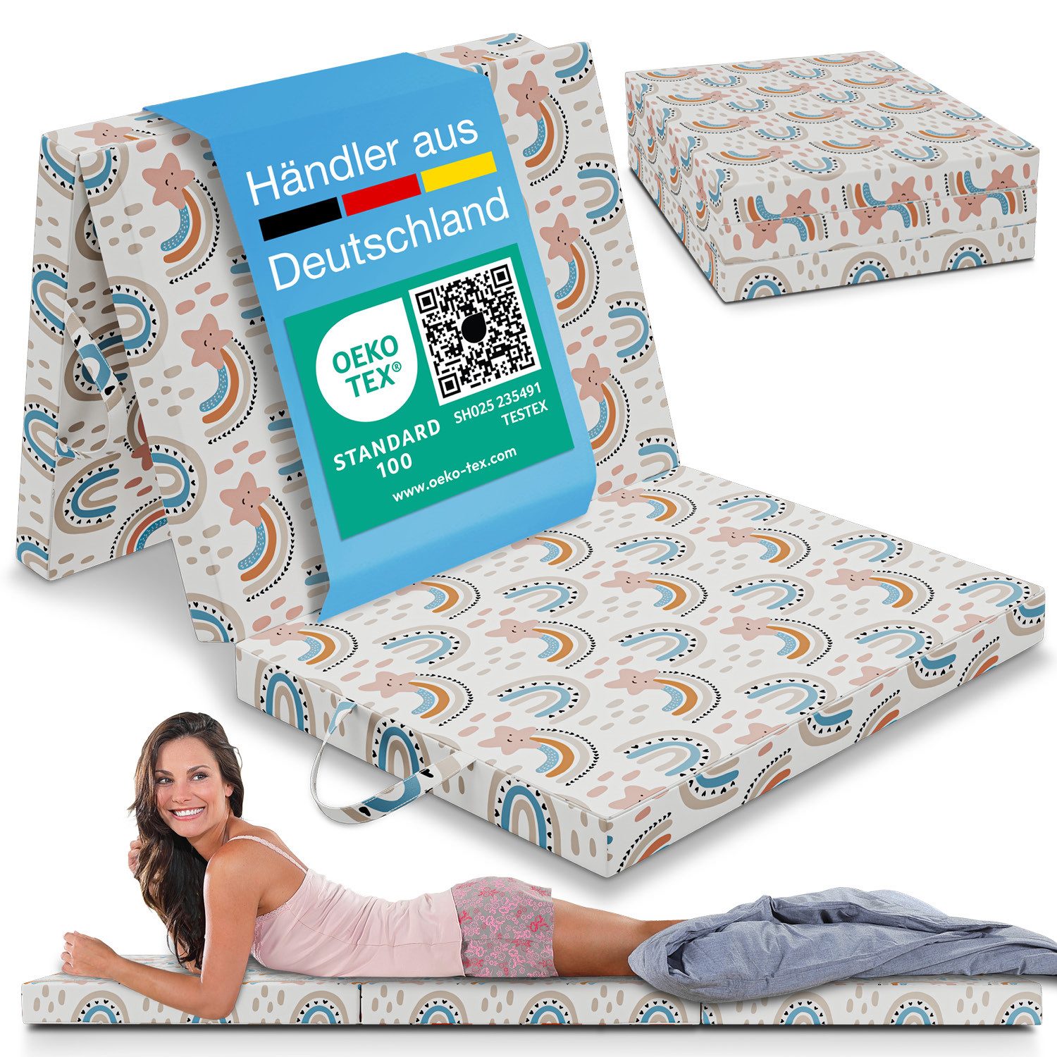 Klappmatratze, Gästematratze klappbar, Bandscheibenwürfel, Reisematratze, Gästebett, ELONEO, 8 cm hoch, waschbarer Bezug, geeignet für Hausstauballergiker, schadstoffgeprüft