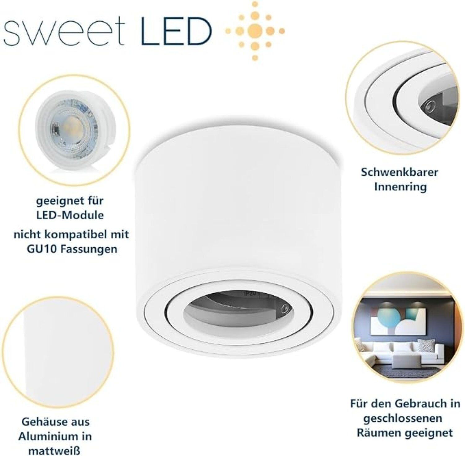 Sweet LED Aufbauleuchte Deckenspots Aufputz flach 50mm Aluminium Aufbauspots weiß matt rund, schwenkbar, ohne Leuchtmittel, Aufbaustrahler LED, Aufbauspot, Deckenstrahler
