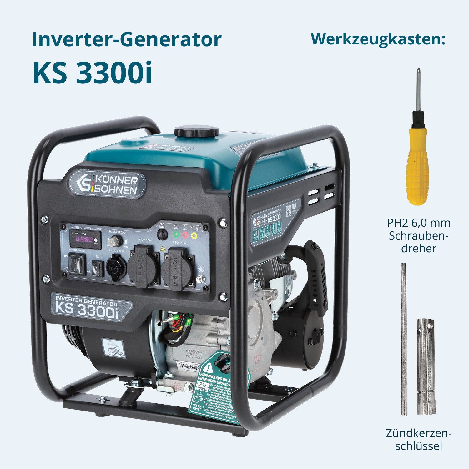 Könner & Söhnen Stromerzeuger KS 3300i, 3,30 in kW, (Inverter-Generator 3.3kW mit reiner Sinuswelle & Euro 5, 1-tlg., 3300W Peak, stabile 230V Spannung, LED-Display, 12V Anschluss), Reine Sinuswelle, Kupferwicklung, Euro 5, Reset-Taste