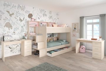 Faizee Möbel Jugendzimmer-Set Etagenbett Bibop+Regalwand+Lattenrostplatten+2 Schreibtische, (3-St)