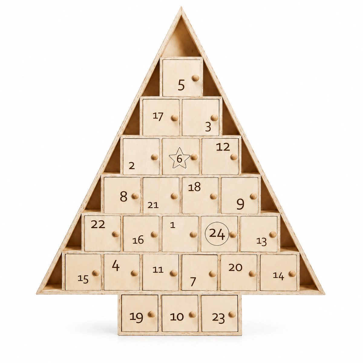 PHILIPPI Adventskalender Holz Adventskalender Tree, 24 Fächer mit Tür je ca. 6.5cm Quadrat, 6 cm tief