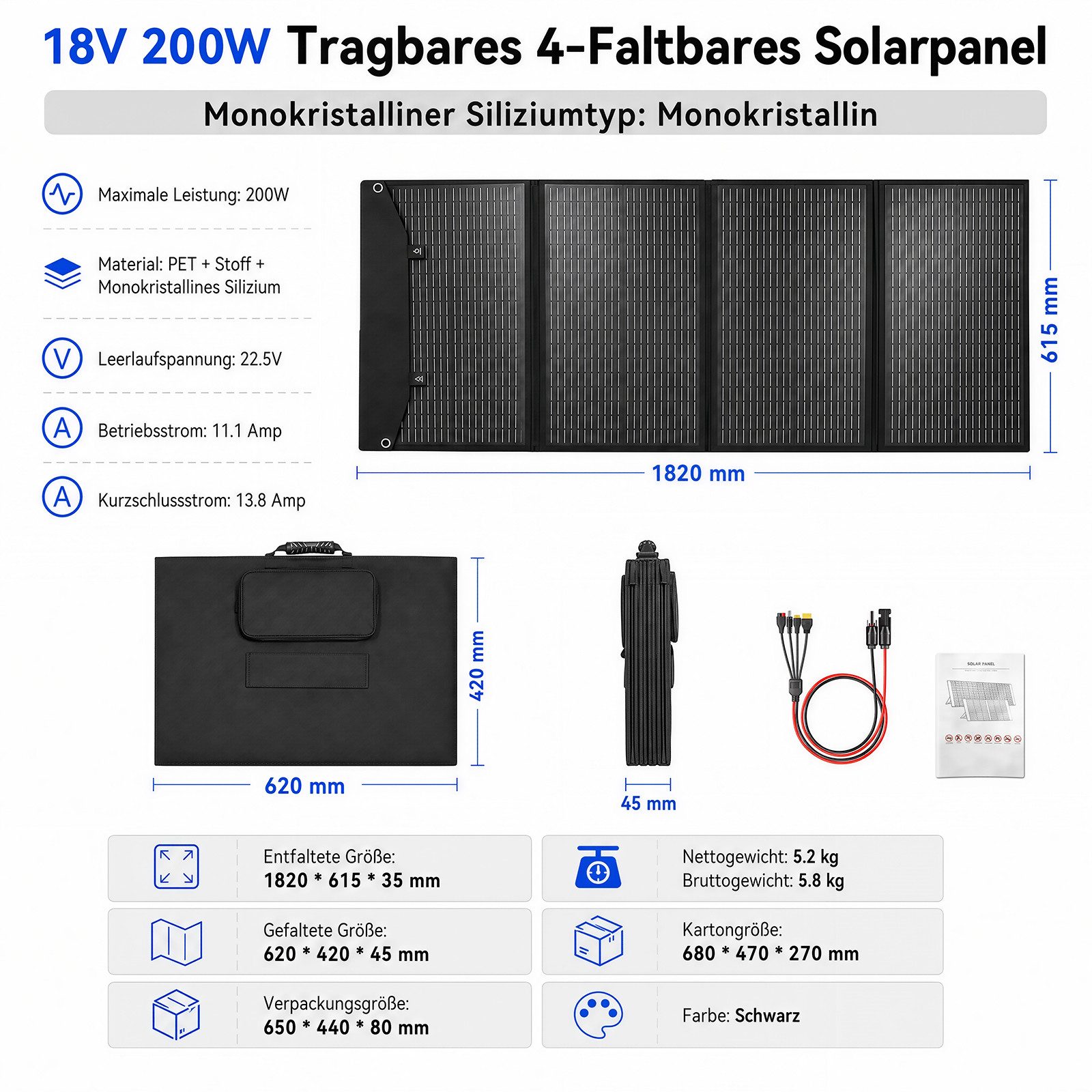 Rhein Beleuchtung Solarmodul Faltbares Solarpanel 200W 18V mit 4-in-1 Ladekabel, 200 W, Monokristallines Silizium, (Set, 1-St., Für Powerstation, Wohnmobil, Camping, Offgrid & Notstrom), Monokristallin, IPX4, faltbar, hohe Effizienz, tragbar