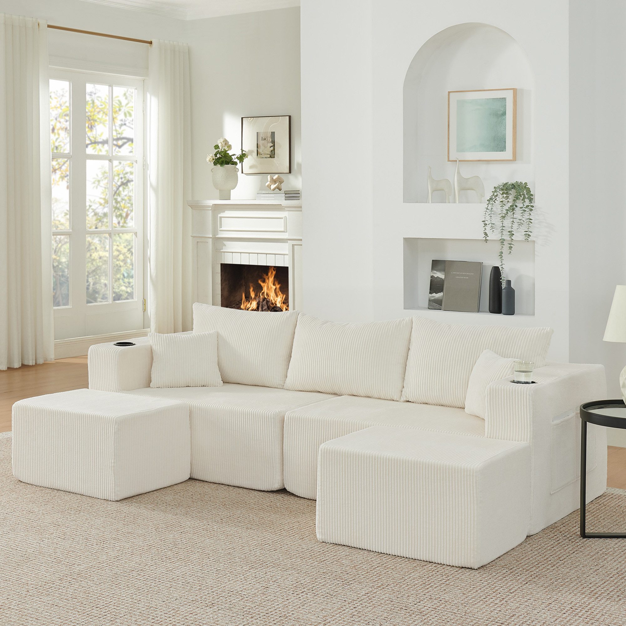 MODFU Ecksofa L-Form mit beweglichen Ottomanen, Getränkehalter, Inkl. Seitentasche & Kissen, ideal für Wohnungen & Hotels 1 Teile, Modulares Ecksofa, 3-Sitzer, Beiger Cordstoff