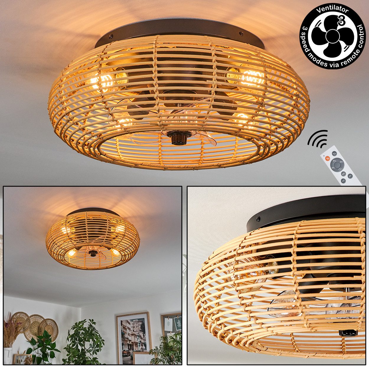 hofstein Deckenleuchte Deckenventilator mit Beleuchtung aus Metall/Bambus, Fernbedienung, ohne Leuchtmittel, Auf-/Abwind-Funktion, Lichteffekt, Ø 50cm, 4x E27, ohne Leuchtmittel