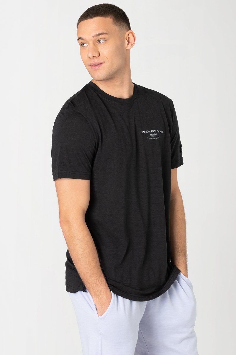 Jet M Merino-Materialmix PALM Merino T-Shirt funktioneller Print-Shirt SUPER.NATURAL T(R)EE Black/Fresh White