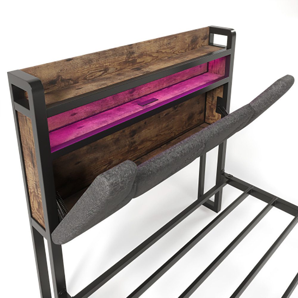 Polsterbett (90 x 200cm Stauraumbett mit Lattenrost, Schublade und LED-Beleuchtung), Ladefunktion Stauraum-Kopfteil, Einzelbett aus Stahlrahmen, Leinen