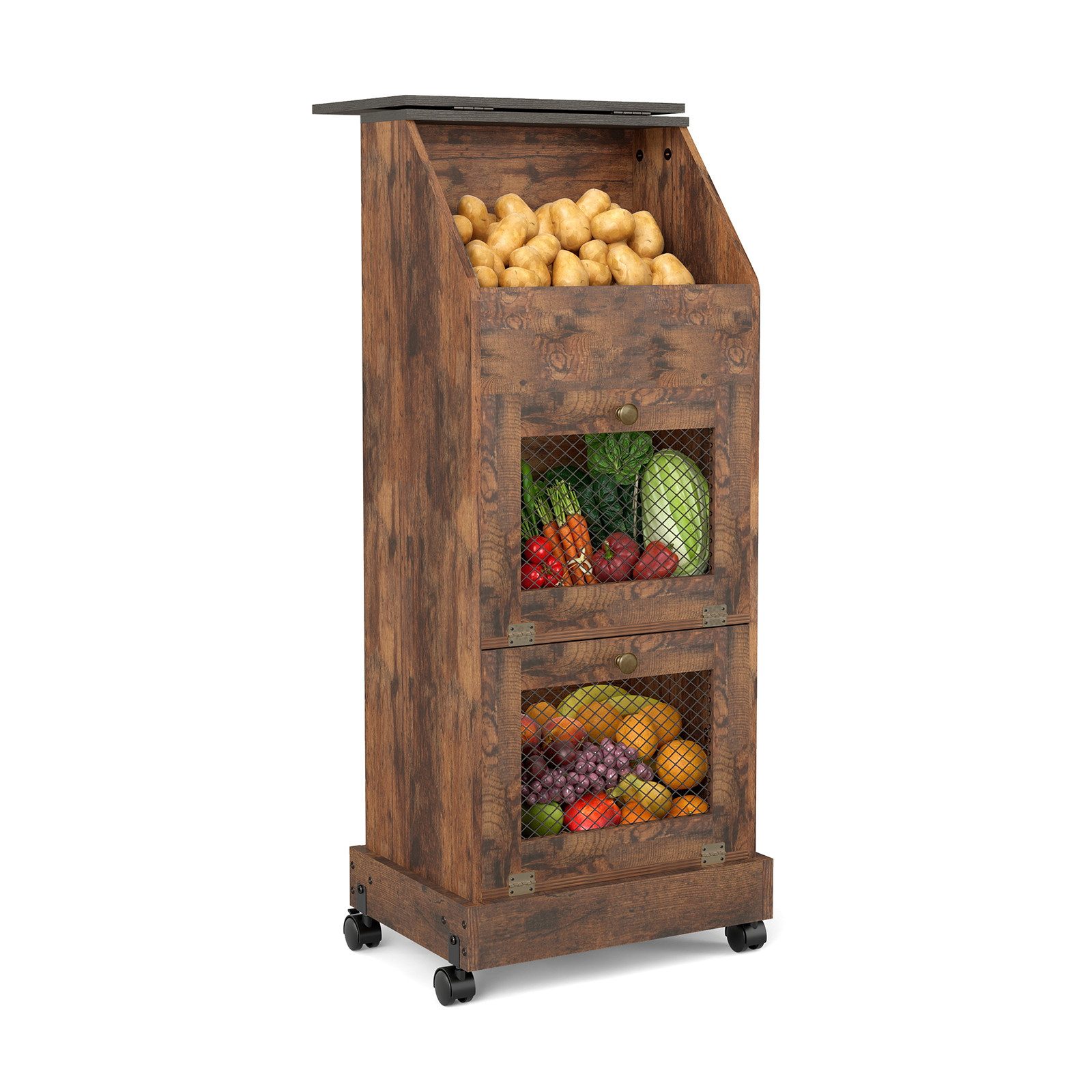 Puluomis Vorratsdose Vorratsdose Kartoffelbox, Gemüsebox mit Rollen, Kartoffelkiste, (Gemüsebehälter mit Belüftung und Brotfach, Aufbewahrung von Gemüse und Obst, Kartoffelbox braun schwarz)