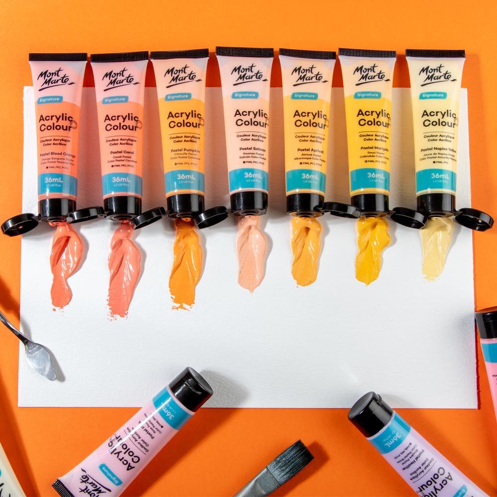Mont Marte Acrylfarbe Pastell Set 12 / 18 / 24 / 48 x 36 ml –Deckkraft & Seidenmattes Finish, Pastellfarben für Leinwand, Karton, Papier, Ton, Holz, Steine uvm.