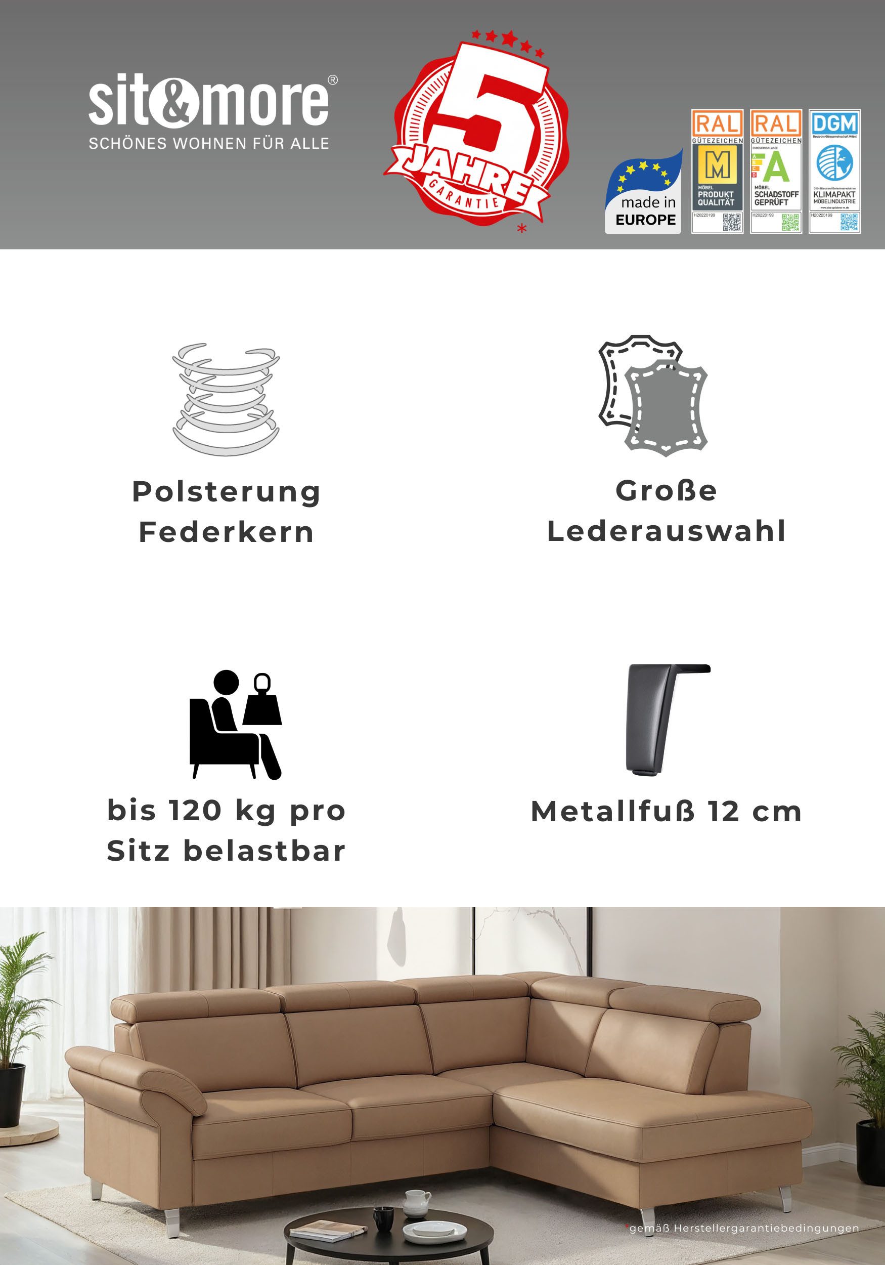 sit&more Sessel Arngast, inklusive Federkern und Kopfteilverstellung