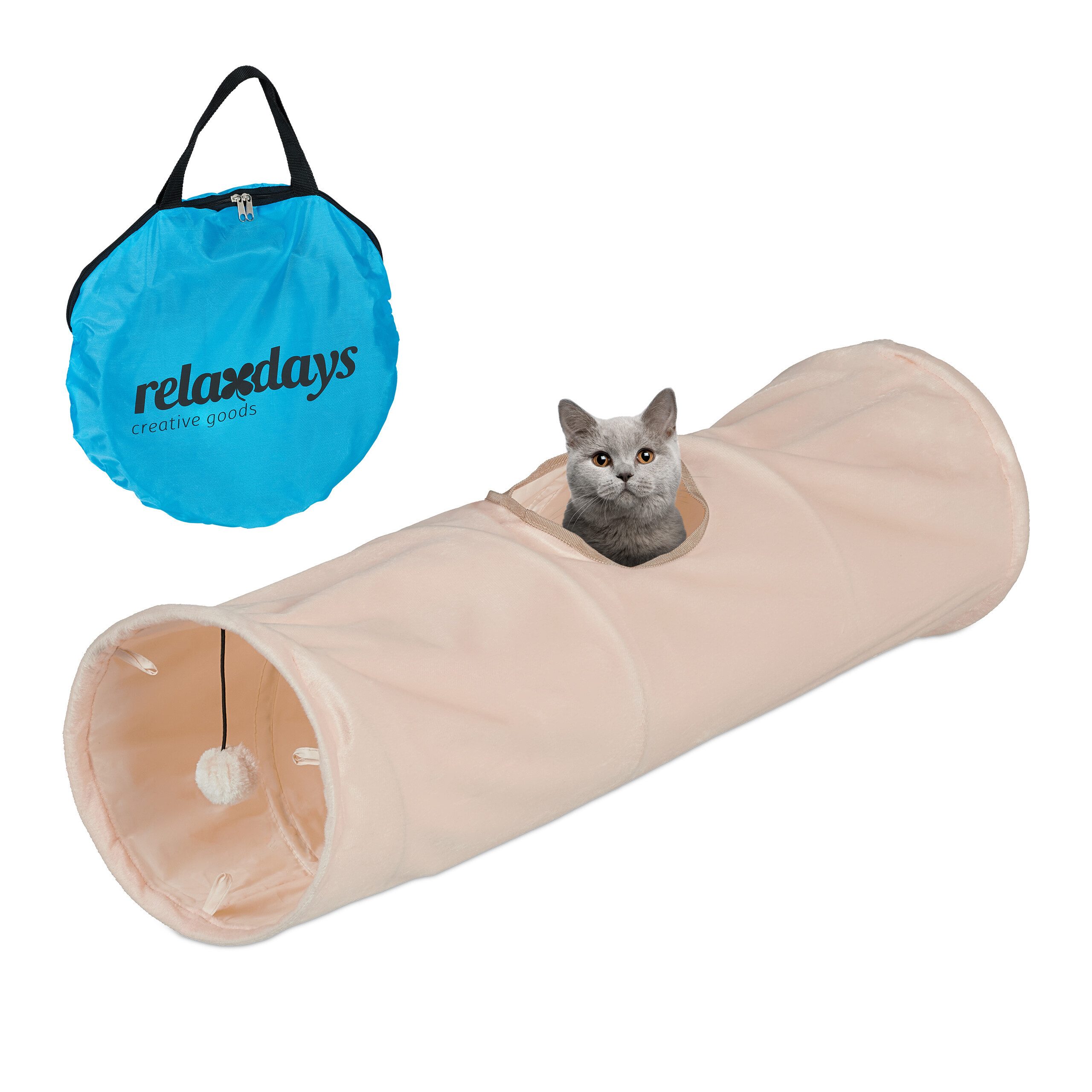 relaxdays Kleintiertunnel Faltbarer Katzentunnel mit Plüsch, Polyester, Beige