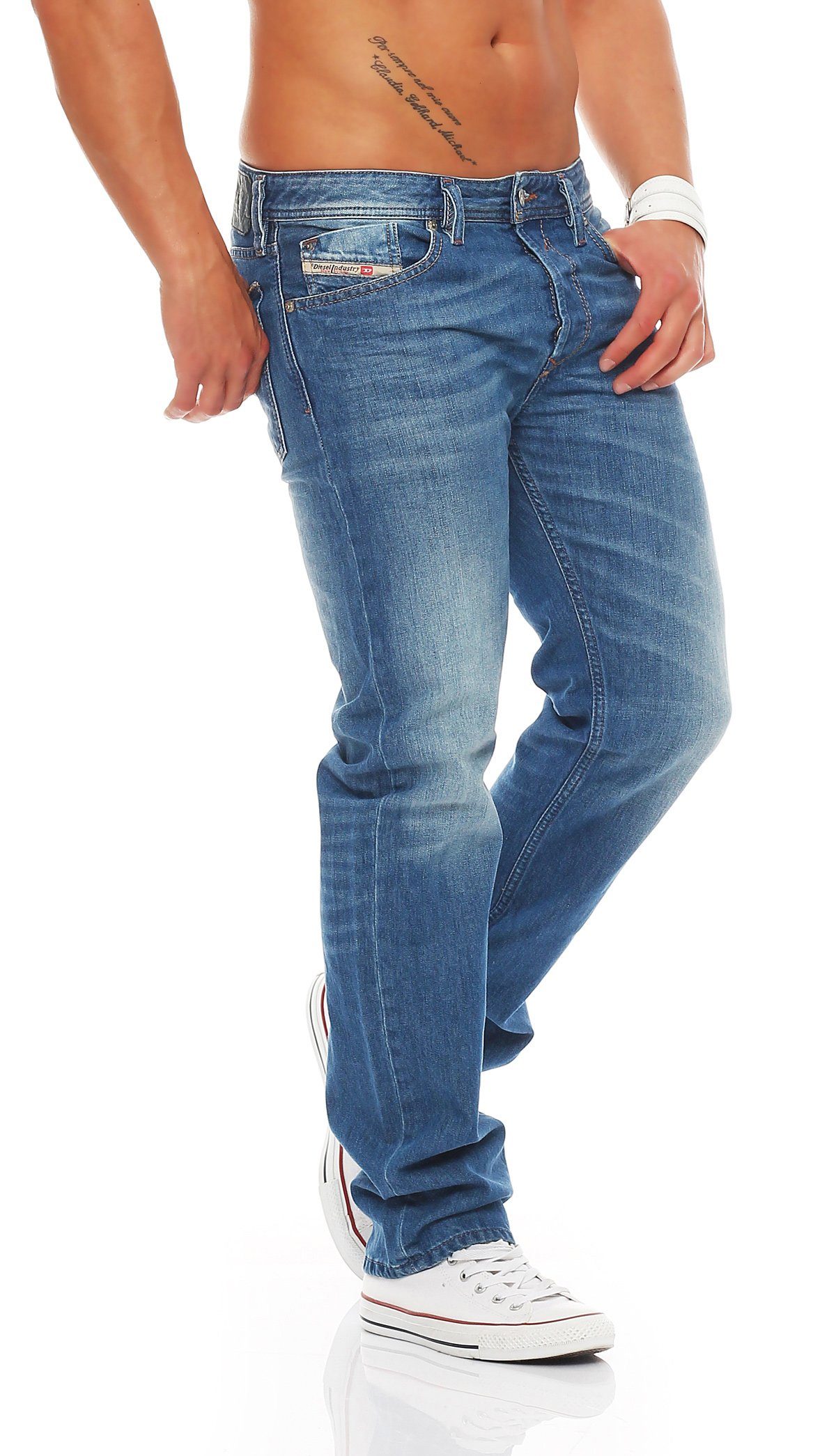 Diesel Regular-fit-Jeans Herren Waykee 0R83P Stretch Used-Look, Blau, ohne Anteil 5 W28 Style, Pocket Dezenter L32, Größe