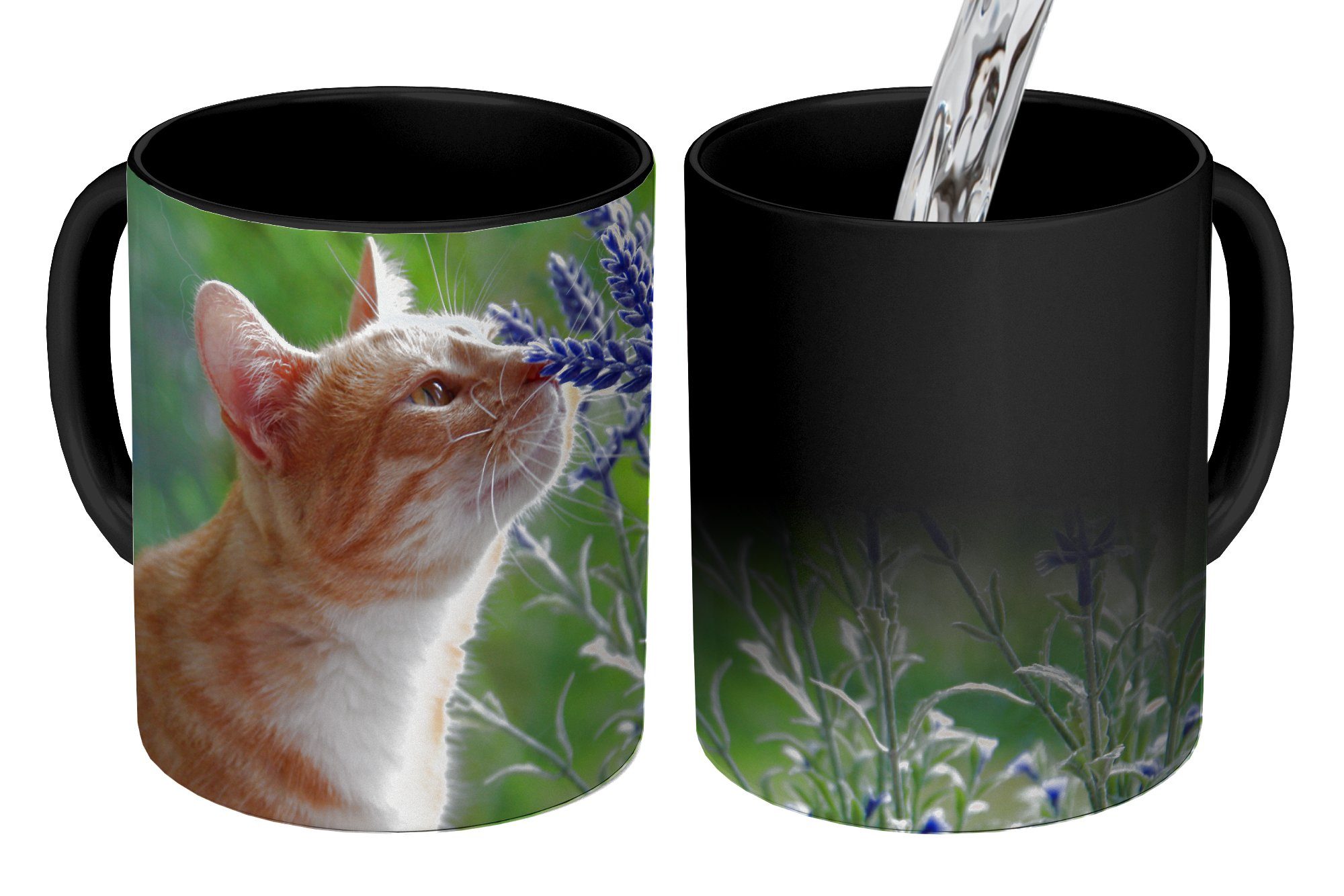Katze Lila, - MuchoWow Farbwechsel, Zaubertasse, Teetasse, Geschenk Keramik, Blumen Kaffeetassen, - Tasse
