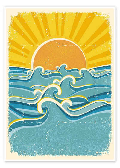 Posterlounge Poster Editors Choice, Sonnenaufgang über dem Meer, Badezimmer Vintage Illustration