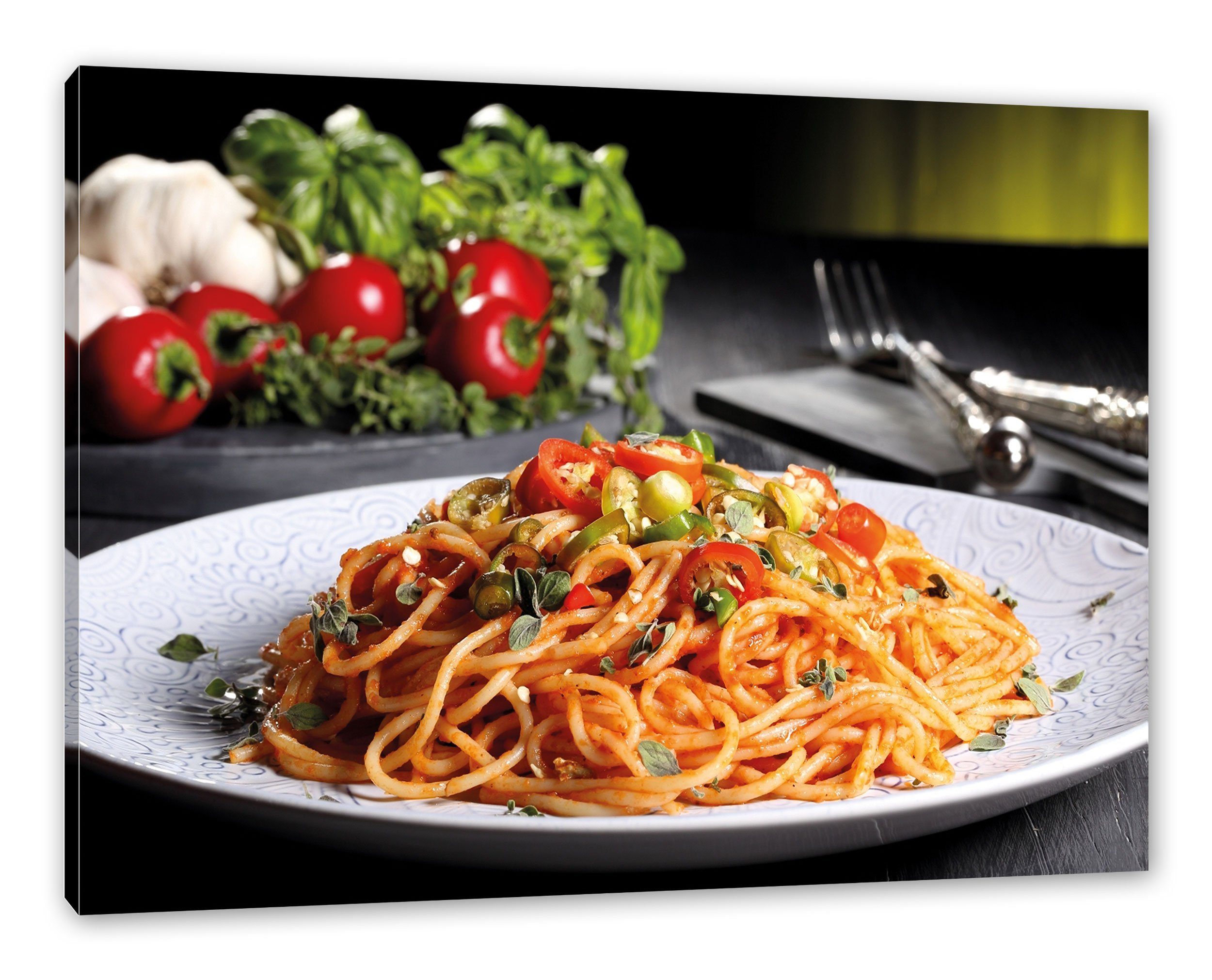 Leinwandbild Leckere bespannt, Leckere Italia, (1 Pixxprint Italia Leinwandbild Zackenaufhänger inkl. Spaghetti fertig St), Spaghetti