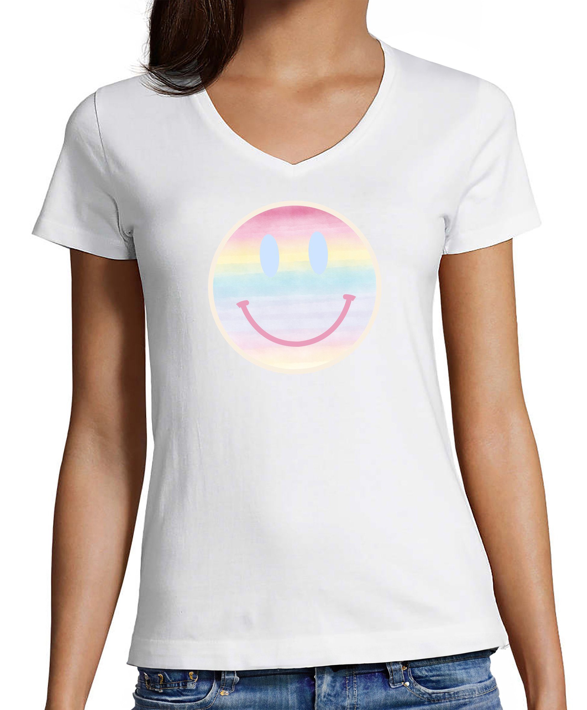MyDesign24 T-Shirt Damen Smiley pastellfarbener Print Lächelnder Fit, Slim i297 Baumwollshirt Aufdruck mit V-Ausschnitt Smiley - Shirt weiss