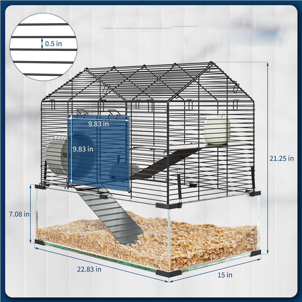 GarveeMore Kleintierkäfig Hamster Käfig mit Tiefgehärtetem Glas Boden 3 Ebenen Hamster Tank
