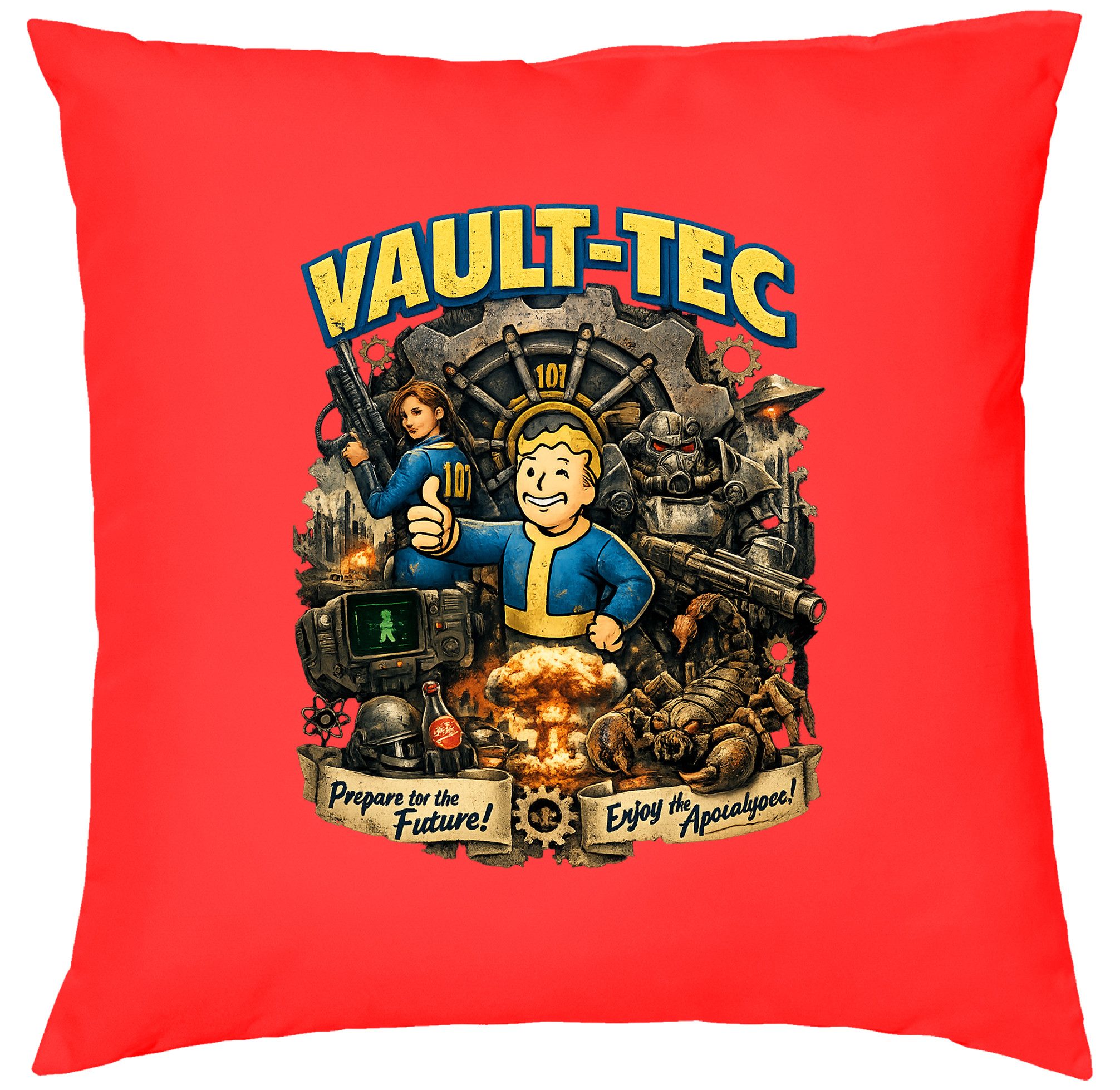 Blondie & Brownie Dekokissen Retro Gaming Kissen Vault Boy Endzeit Motiv Sofa Dekokissen Fansz, VaulTec Apocalypse Design Komfortkissen