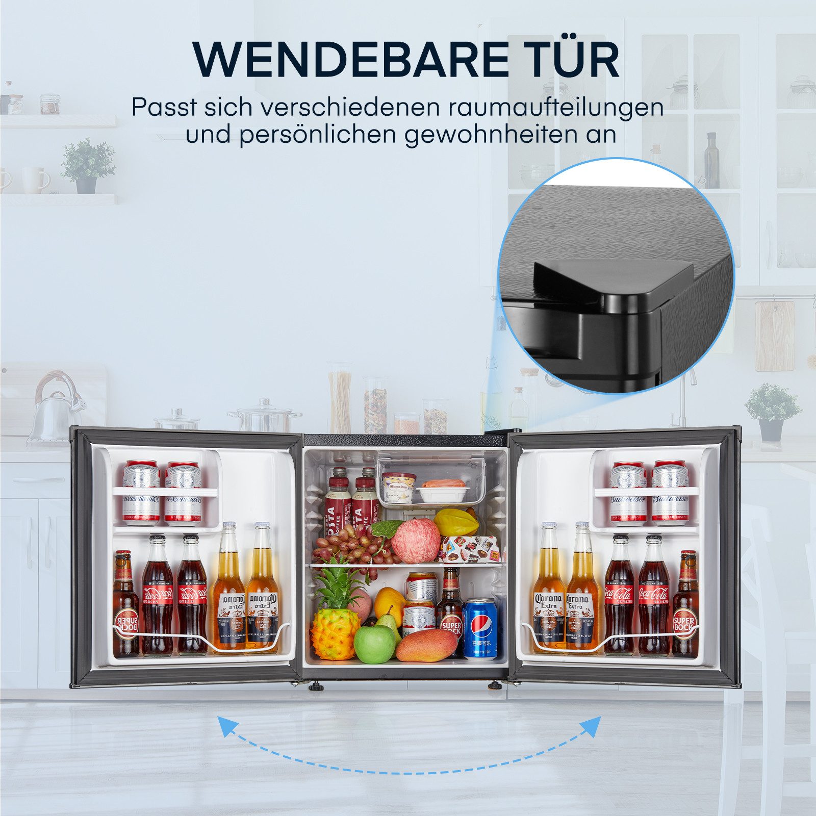 FOHERE Table Top Kühlschrank 46L Minikühlschrank mit Kühl- und Gefrierfunktion, 46.9 cm hoch, 43.4 cm breit, mit umkehrbarem Türanschlag und präziser 7-stufiger Temperaturregelung