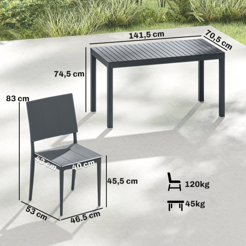 REDOM Garten-Essgruppe Dunkelgraue Essgruppe 5-tlg., Lamellen-Tisch + 4 stapelbare Stühle, (Robuste Sitzgruppe, 5-tlg., Kompaktes Gartenmöbel Set für 4 Personen, pflegeleicht & wetterfest), Ideal für kleine Gärten, Balkone & Camping – platzsparend verstaubar