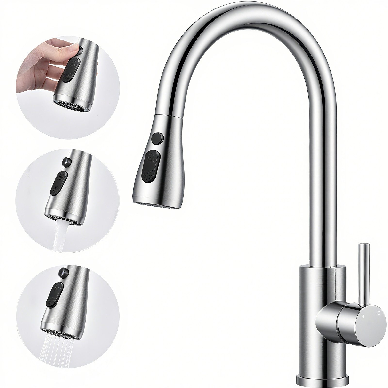 AICA Küchenarmatur Wasserhahn Küche,Spültischarmatur Ausziehbar,Armatur Küche 360° Hochdruck-Einhebelarmatur aus Edelstahl, schwenkbar mit Brause