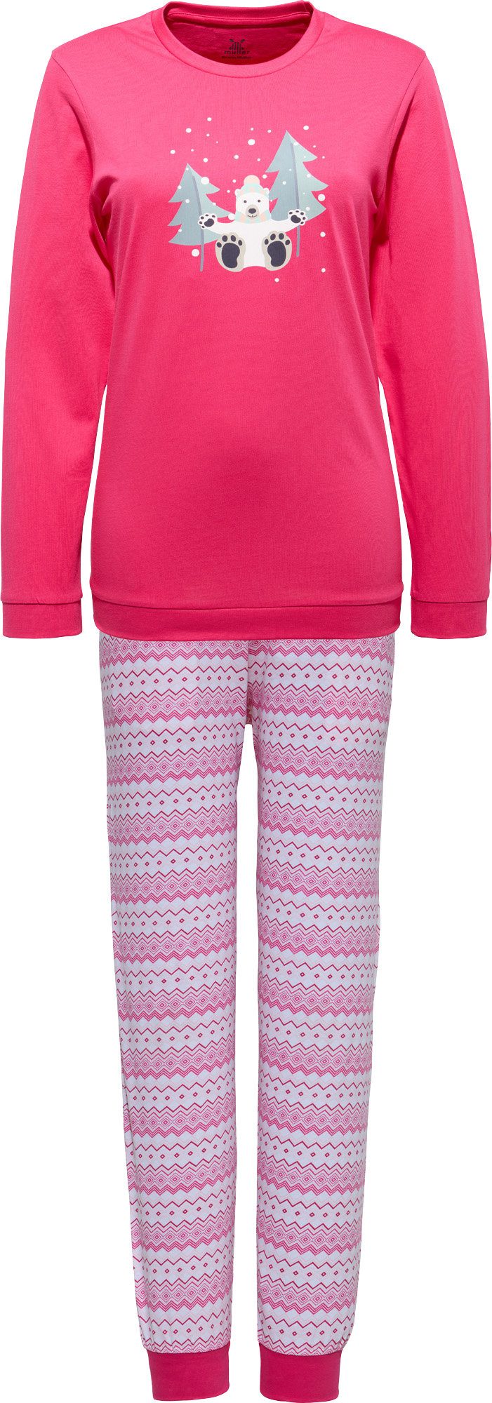Erwin Müller Pyjama Damen-Schlafanzug Single-Jersey gemustert: Hose/Tiermotive: Oberteil, Eisbär