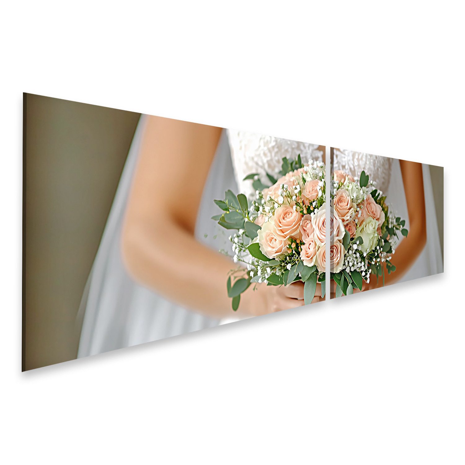 islandburner Leinwandbild, Braut mit elegantem Blumenstrauß aus Rosen und Grünzeug
