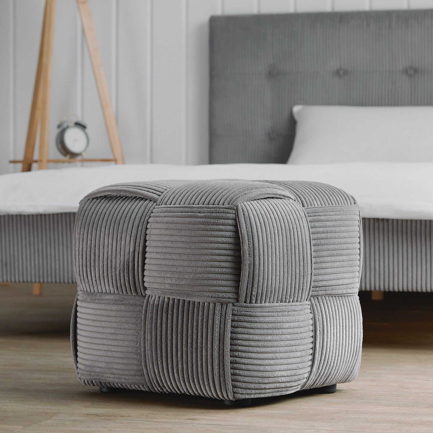 Sitzhocker Pouf Hocker Cord Stoff Grau Sitzwürfel Flechtmuster weich, Cordstoff im Flechtmuster